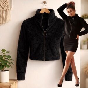 🛍️ IRIS Black faux Fur Long Sleeve Faux Wool cardigan Sweater Top Size Small